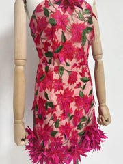 Halter Neck Embroidery Flowers Mini Dress