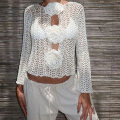 White Long Sleeve Knitted 3D Flower Crochet Cover Up Crop Top
