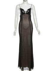 Black Pu Leather Patchwork Layered Mesh Maxi Dress