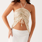 Sequin Embroidery Drawstring Crop Top