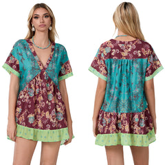 Floral Print Short Sleeve V-Neck Ruffled Hem Loose Mini Dress with Pockets