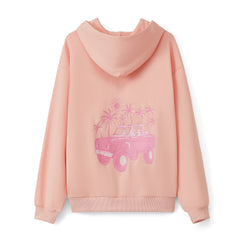 Pink hoodie with a graphic of a car and palm trees on the back