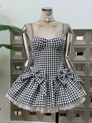 Gingham Spaghetti Strap Bow Tulle Hem Mini Dress