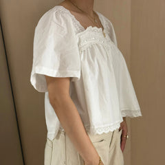 Embroidery Square Neck Button Up Blouse