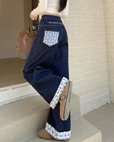 Blue Plaid Patchwork Denim Wide Leg Trousers
