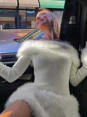 White Off-Shoulder Long Sleeve Fur Trim Mini Dress