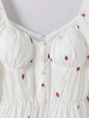 White Strawberry Print Puff Sleeve Frill Mini Dress