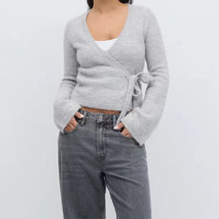 Fuzzy Tie Front Wrap Cardigan Top