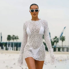 Beach Cut Out Back Lace Cover Up Dress With Bikini Set