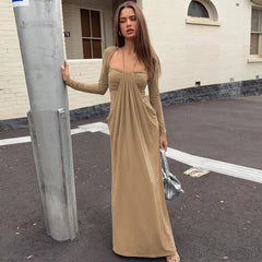 Long Sleeve Draped Tie Neck Maxi Dress