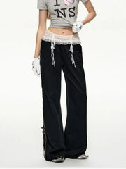 Black Bow Ribbon Lace High Waist Joggers