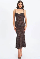 Black Polka Dot Sweetheart Neck Spaghetti Strap Scarf Maxi Dress