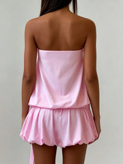 Pink Strapless Solid Waist Tie Mini Dress