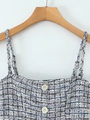 Grey Tweed Strap Frill Pleared Mini Dress