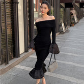 Black Off Shoulder Knitted Long Mermaid Fishtail Dress