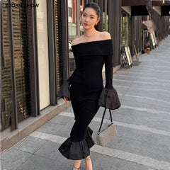 Black Off Shoulder Knitted Long Mermaid Fishtail Dress
