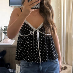 Lace Trim Polka Dot Babydoll Top