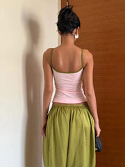 Pink Colour-Blocking Cami Top And Green Elastic Waist Pants Set