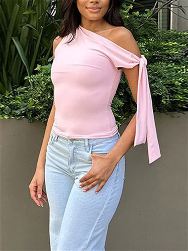 Women's off-shoulder tie-up tank top with backless detail.