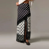 High Waist Satin Dot Print Lace Trim Patchwork Maxi Skirt
