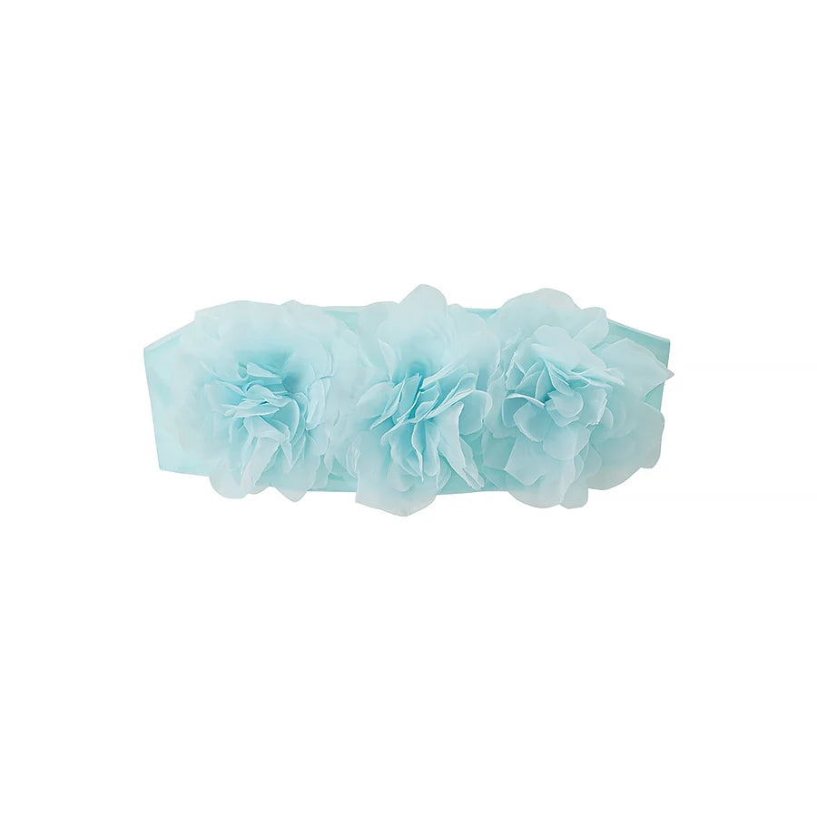 Light blue floral headband on a white background