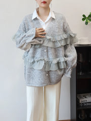 Pearl Button Ruffle Trim Cardigan