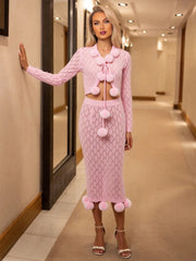 Pink Knit Puffball Cardigan Top And Midi Skirt Set