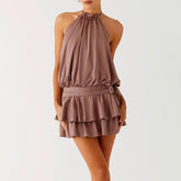 Ruffled Halter Neck Backless Metal Buckled Mini Dress