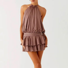 Ruffled Halter Neck Backless Metal Buckled Mini Dress