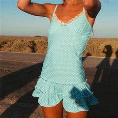 Striped Polka Dot Spaghetti Strap Ruffle Hem Mini Dress