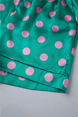 Satin Polka Dot Long Sleeve Feather Cuff Top And Shorts Set