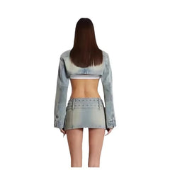 Buckle Denim Stand Collar Long Sleeve Crop Top And Bodycon Mini Skirt Set