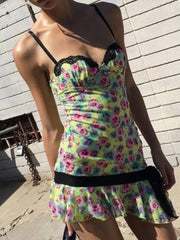 Green Floral Printed Lace Trim Mini Dress
