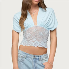 Draped Deep V-Neck Lace Patchwork Back Tie Up Top