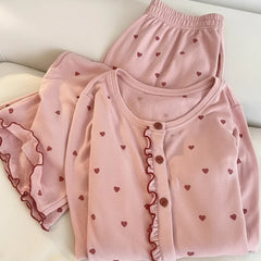 Pink Buttoned Heart-Shaped Printed Pajama Long Sleeved Set