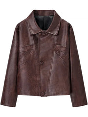 Brown Pu Leather Lapel Button Spliced Pocket Jacket