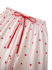Heart Print Long Sleeve Tie Front Ruffled Top And Drawstring Waist Pants Pajama Set