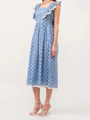 Blue Floral Print Square Neck Frill Tie Up Midi Dress