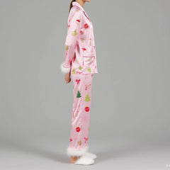 Christmas Tree Printed Button Down Top with Pants Pj Set