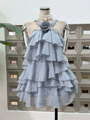 Halter 3D Flower Tiered Ruffle Mini Dress