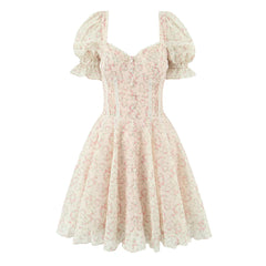 Beige Puff Sleeve Printed Mini Dress