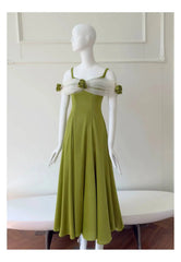 Green Satin Off-shoulder Patchwork Mesh 3d Flower Midi Dress