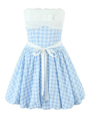 Blue Bow Plaid Short Dress