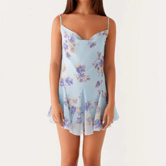 Blue Flower Print Cami Back Tie Up Mini Dress