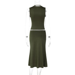Lace Trim V-neck Tank Top And Midi Skirt Set