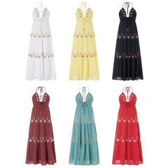 Embroidery Smocked V-Neck Halter Long Dress