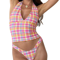 Pink Plaid Halter Tank Top