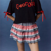 Gingham Elastic Waist Lace Trim Ruffle Layered Skort