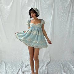 Embroidered Lace Bubble Sleeves Mini Dress