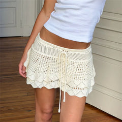 Crochet Drawstring Tiered Ruffle Mini Skirt